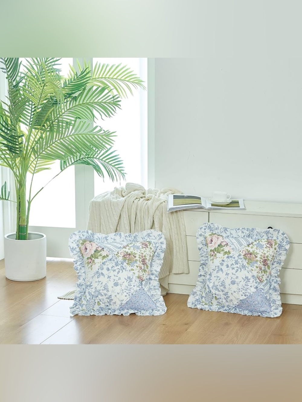 Brilliant Sunshine Blue Rose Patchwork Ruffle Pillowshams - Picture 3 of 8